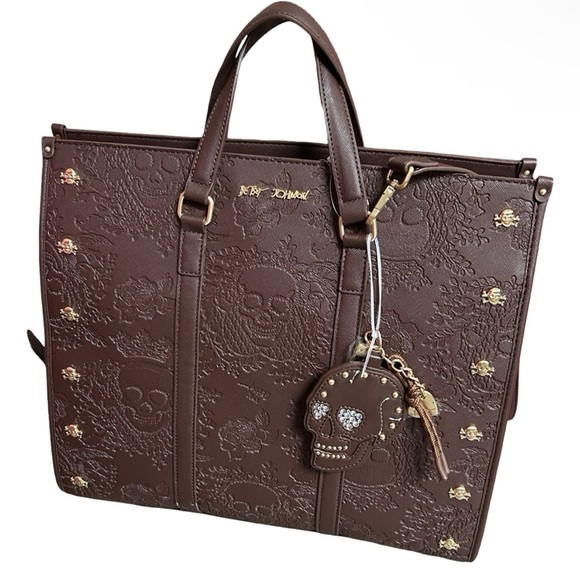 BETSEY JOHNSON XL BROWN SKULLS & ROSES TOTE RHINESTONE SKULL PURSE CHARM NWT - Picture 10 of 13